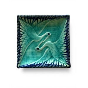 One Vintage Takahashi Crane Bird Turquoise Square Trinket Dish - Made in Japan